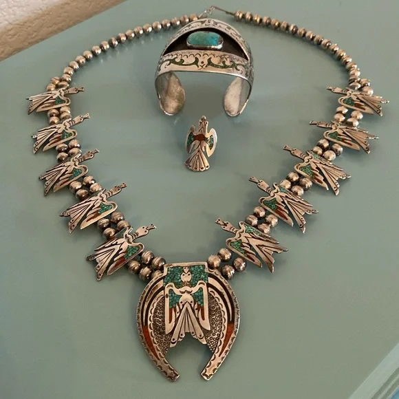 Silver Handmade Vintage Squash Blossom Necklace, Bracelet, Ring - Picture 2 of 16